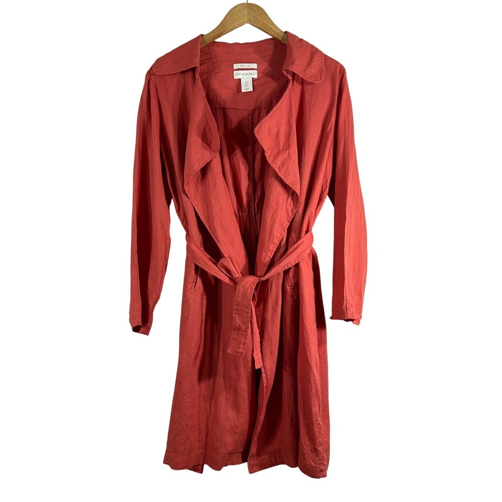 Cynthia Rowley Womens Small 100% Linen Duster Trench Coat Coral Pink Tie Waist